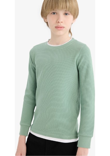 Erkek Çocuk Bisiklet Yaka Basic Düz Waffle Uzun Kollu Okul Tişörtü V1186A625AU