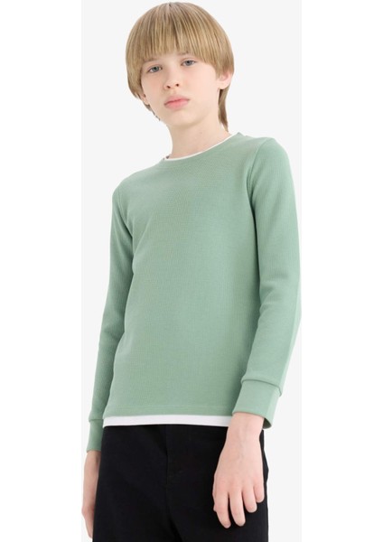 Erkek Çocuk Bisiklet Yaka Basic Düz Waffle Uzun Kollu Okul Tişörtü V1186A625AU