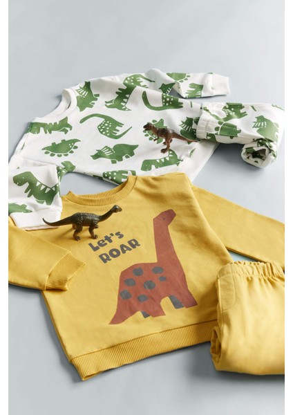 Erkek Bebek 2'li Takım Dinozor Baskılı Sweatshirt Eşofman Altı E9264A525AU
