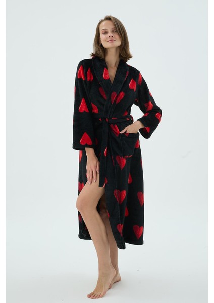 Kadın Siyah Kırmızı Kalp Desenli Polar Uzun Sabahlık C0T0N371