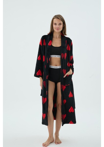 Kadın Siyah Kırmızı Kalp Desenli Polar Uzun Sabahlık C0T0N371 fiyatları