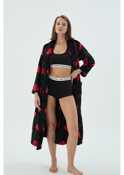 Kadın Siyah Kırmızı Kalp Desenli Polar Uzun Sabahlık C0T0N371 modelleri