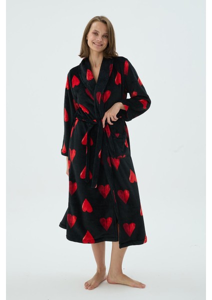 Kadın Siyah Kırmızı Kalp Desenli Polar Uzun Sabahlık C0T0N371 fırsatları