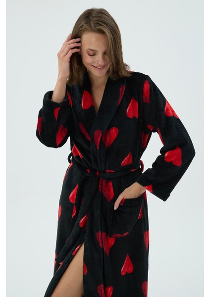 Kadın Siyah Kırmızı Kalp Desenli Polar Uzun Sabahlık C0T0N371 indirimleri