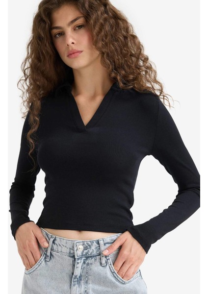Fitted Polo Yaka Basic Düz Modal Uzun Kollu Siyah Tişört E7938AX25AU