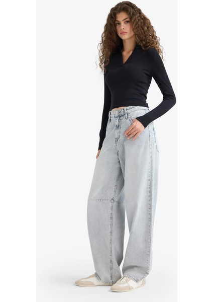 Fitted Polo Yaka Basic Düz Modal Uzun Kollu Siyah Tişört E7938AX25AU