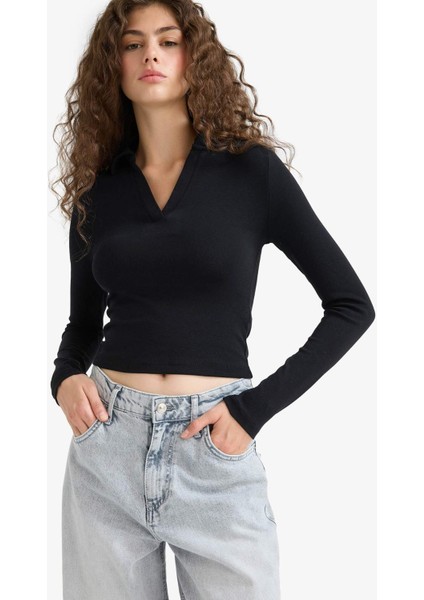Fitted Polo Yaka Basic Düz Modal Uzun Kollu Siyah Tişört E7938AX25AU
