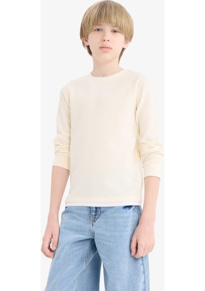 Erkek Çocuk Bisiklet Yaka Basic Düz Waffle Uzun Kollu Okul Tişörtü V1186A625AU