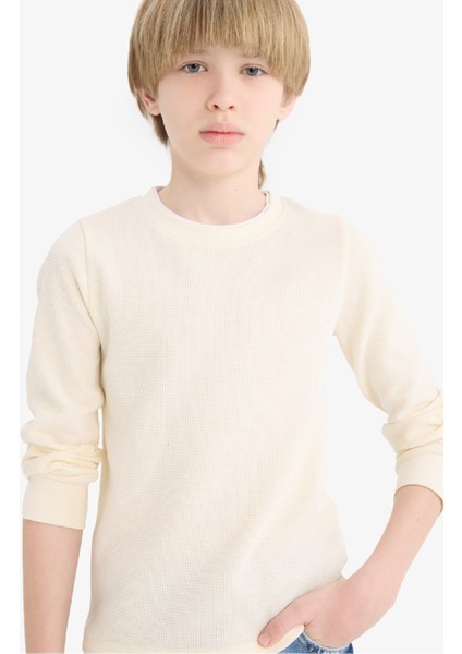 Erkek Çocuk Bisiklet Yaka Basic Düz Waffle Uzun Kollu Okul Tişörtü V1186A625AU