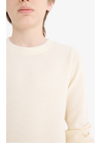 Erkek Çocuk Bisiklet Yaka Basic Düz Waffle Uzun Kollu Okul Tişörtü V1186A625AU