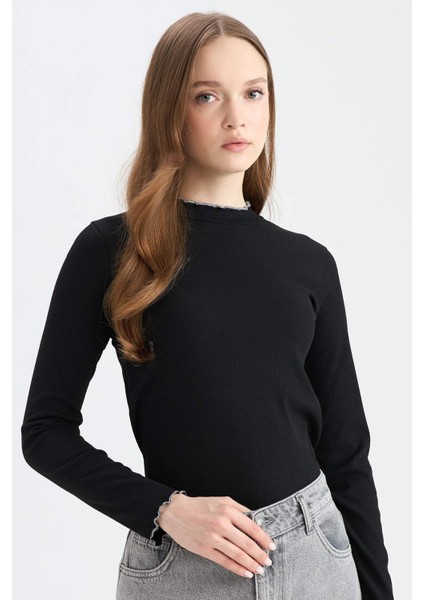 Fitilli Kaşkorse Basic Düz Uzun Kollu Tişört E9540AX25SP