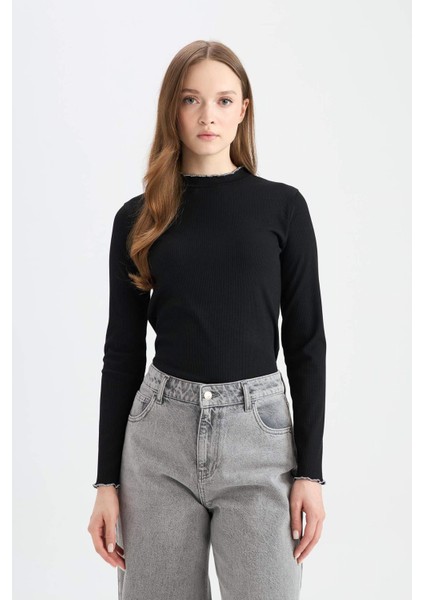 Fitilli Kaşkorse Basic Düz Uzun Kollu Tişört E9540AX25SP