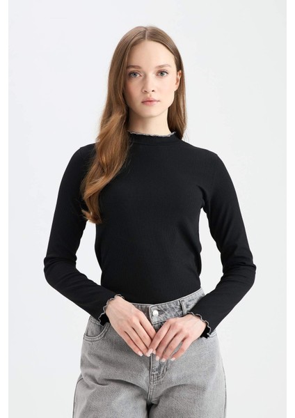 Fitilli Kaşkorse Basic Düz Uzun Kollu Tişört E9540AX25SP