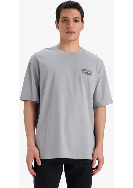 %100 Pamuk Looney Tunes Boxy Fit Bisiklet Yaka Sırt Baskılı Kısa Kollu Tişört E9293AX25AU