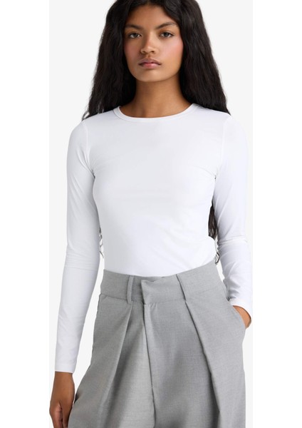 Slim Fit Dar Kesim Bisiklet Yaka Basic Düz Uzun Kollu Tişört D3756AX25AU