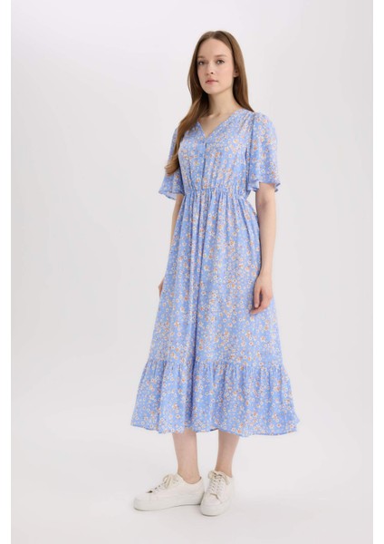 Regular Fit V Yaka Çiçek Desenli Kısa Kollu Midi Yazlık Elbise E8664AX25SM