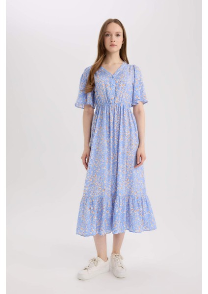 Regular Fit V Yaka Çiçek Desenli Kısa Kollu Midi Yazlık Elbise E8664AX25SM