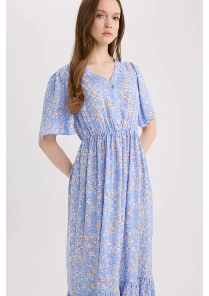 Regular Fit V Yaka Çiçek Desenli Kısa Kollu Midi Yazlık Elbise E8664AX25SM