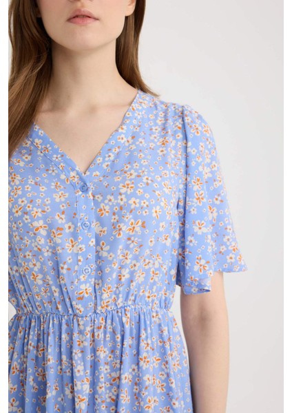 Regular Fit V Yaka Çiçek Desenli Kısa Kollu Midi Yazlık Elbise E8664AX25SM