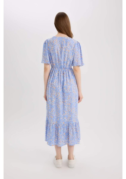 Regular Fit V Yaka Çiçek Desenli Kısa Kollu Midi Yazlık Elbise E8664AX25SM