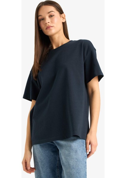 Oversize Geniş Kalıp Bisiklet Yaka Basic Düz Kısa Kollu Tişört E4935AX25AU