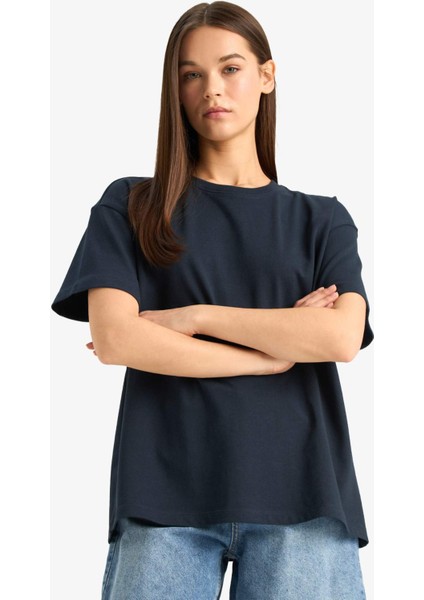 Oversize Geniş Kalıp Bisiklet Yaka Basic Düz Kısa Kollu Tişört E4935AX25AU