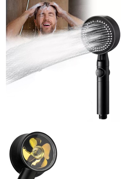 Siyah Çok Fonksiyonlu Duş Başlığı, Pervaneli Yağmurlama ve El Duşu