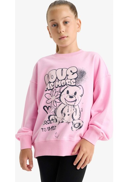 Kız Çocuk Oversize Geniş Kalıp Bisiklet Yaka Baskılı Sweatshirt E6755A825AU
