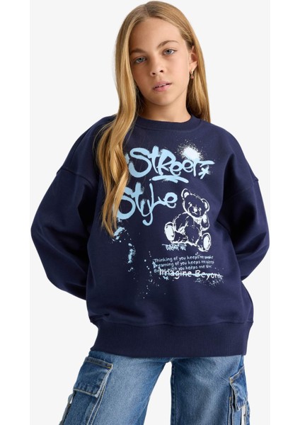 Kız Çocuk Oversize Geniş Kalıp Bisiklet Yaka Baskılı Sweatshirt E6755A825AU