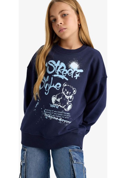 Kız Çocuk Oversize Geniş Kalıp Bisiklet Yaka Baskılı Sweatshirt E6755A825AU