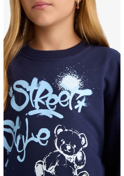 Kız Çocuk Oversize Geniş Kalıp Bisiklet Yaka Baskılı Sweatshirt E6755A825AU