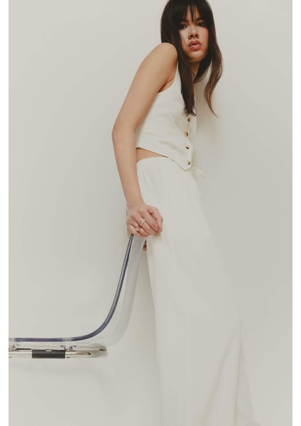 V Yaka Keten Karışımlı Beyaz Blazer Yelek E9757AX25SP