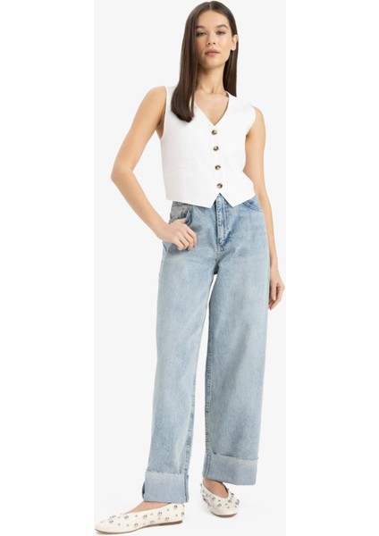 V Yaka Keten Karışımlı Beyaz Blazer Yelek E9757AX25SP