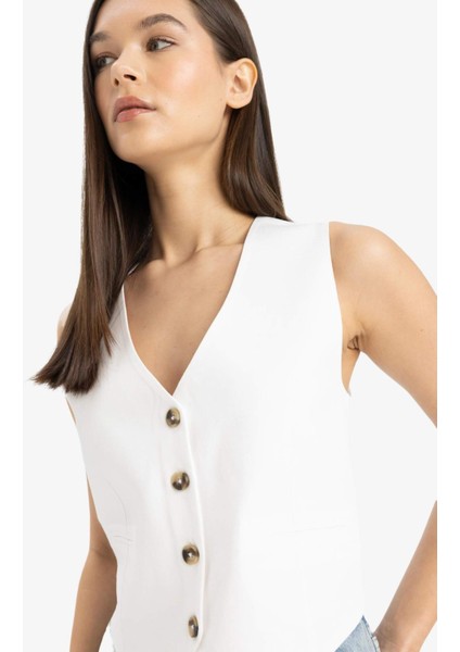 V Yaka Keten Karışımlı Beyaz Blazer Yelek E9757AX25SP