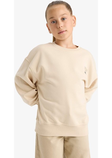 Kız Çocuk Oversize Geniş Kalıp Bisiklet Yaka Baskılı Sweatshirt E6755A825AU
