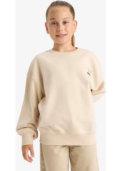 Kız Çocuk Oversize Geniş Kalıp Bisiklet Yaka Baskılı Sweatshirt E6755A825AU