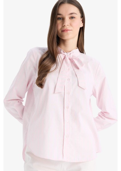 Relax Fit Fiyonk Yaka Çizgili Simli Kumaş Uzun Kollu Tesettür Gömlek Tunik E7976AX25SM