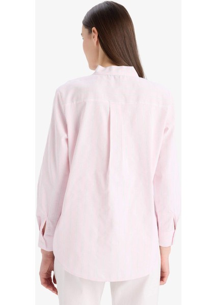 Relax Fit Fiyonk Yaka Çizgili Simli Kumaş Uzun Kollu Tesettür Gömlek Tunik E7976AX25SM
