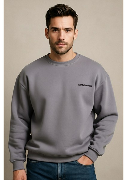 Bisiklet Yaka Nakışlı Şardonlu Içi Polarlı Gri Erkek Sweatshirt - Volar