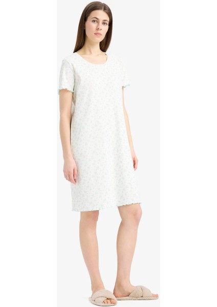 Bisiklet Yaka Fitilli Kaşkorse Kısa Kollu Gecelik-Fall in Love E9198AX25SP