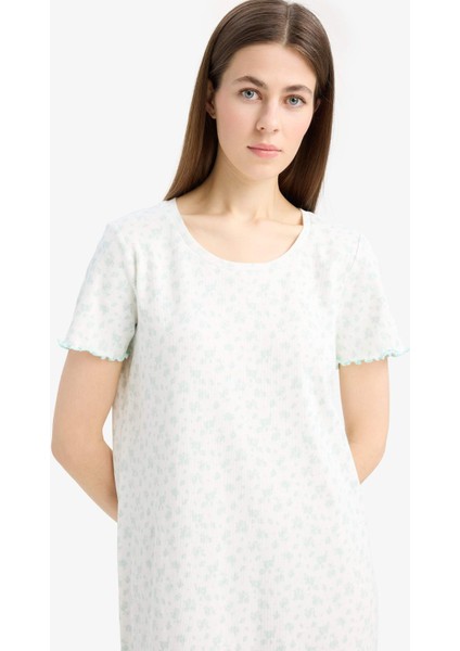 Bisiklet Yaka Fitilli Kaşkorse Kısa Kollu Gecelik-Fall in Love E9198AX25SP