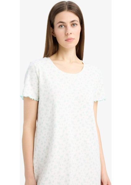 Bisiklet Yaka Fitilli Kaşkorse Kısa Kollu Gecelik-Fall in Love E9198AX25SP