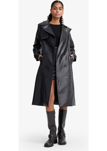 Regular Fit Suni Deri Düğmeli Cepli Uzun Trençkot E9873AX25AU