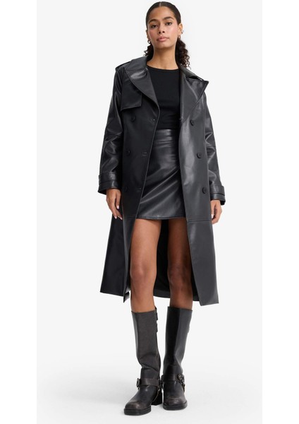 Regular Fit Suni Deri Düğmeli Cepli Uzun Trençkot E9873AX25AU