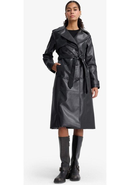 Regular Fit Suni Deri Düğmeli Cepli Uzun Trençkot E9873AX25AU