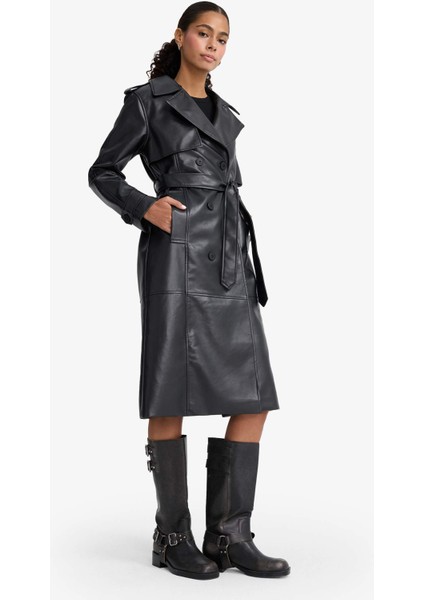 Regular Fit Suni Deri Düğmeli Cepli Uzun Trençkot E9873AX25AU