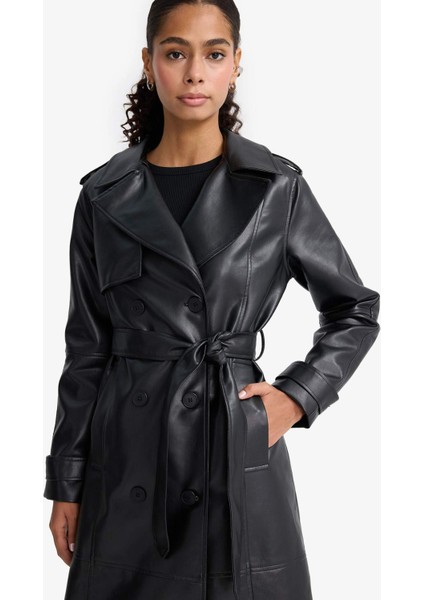 Regular Fit Suni Deri Düğmeli Cepli Uzun Trençkot E9873AX25AU