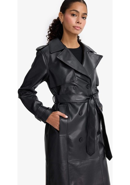 Regular Fit Suni Deri Düğmeli Cepli Uzun Trençkot E9873AX25AU