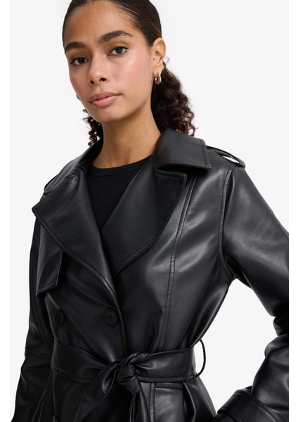 Regular Fit Suni Deri Düğmeli Cepli Uzun Trençkot E9873AX25AU