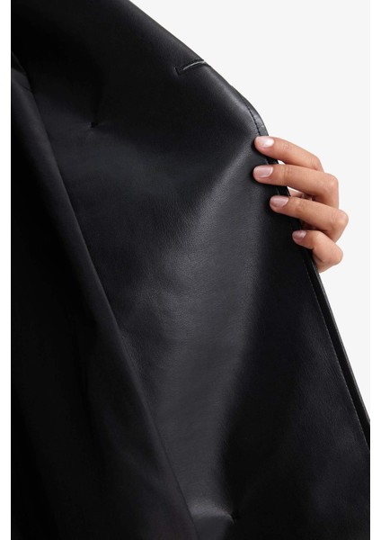 Regular Fit Suni Deri Düğmeli Cepli Uzun Trençkot E9873AX25AU